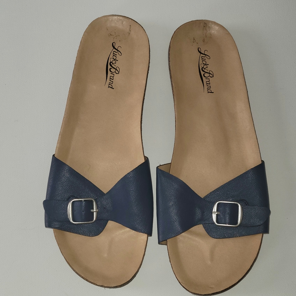 Lucky Brand Navy Flat Slide Sandals | Buckle Strap Casual Shoes Size 8.5M